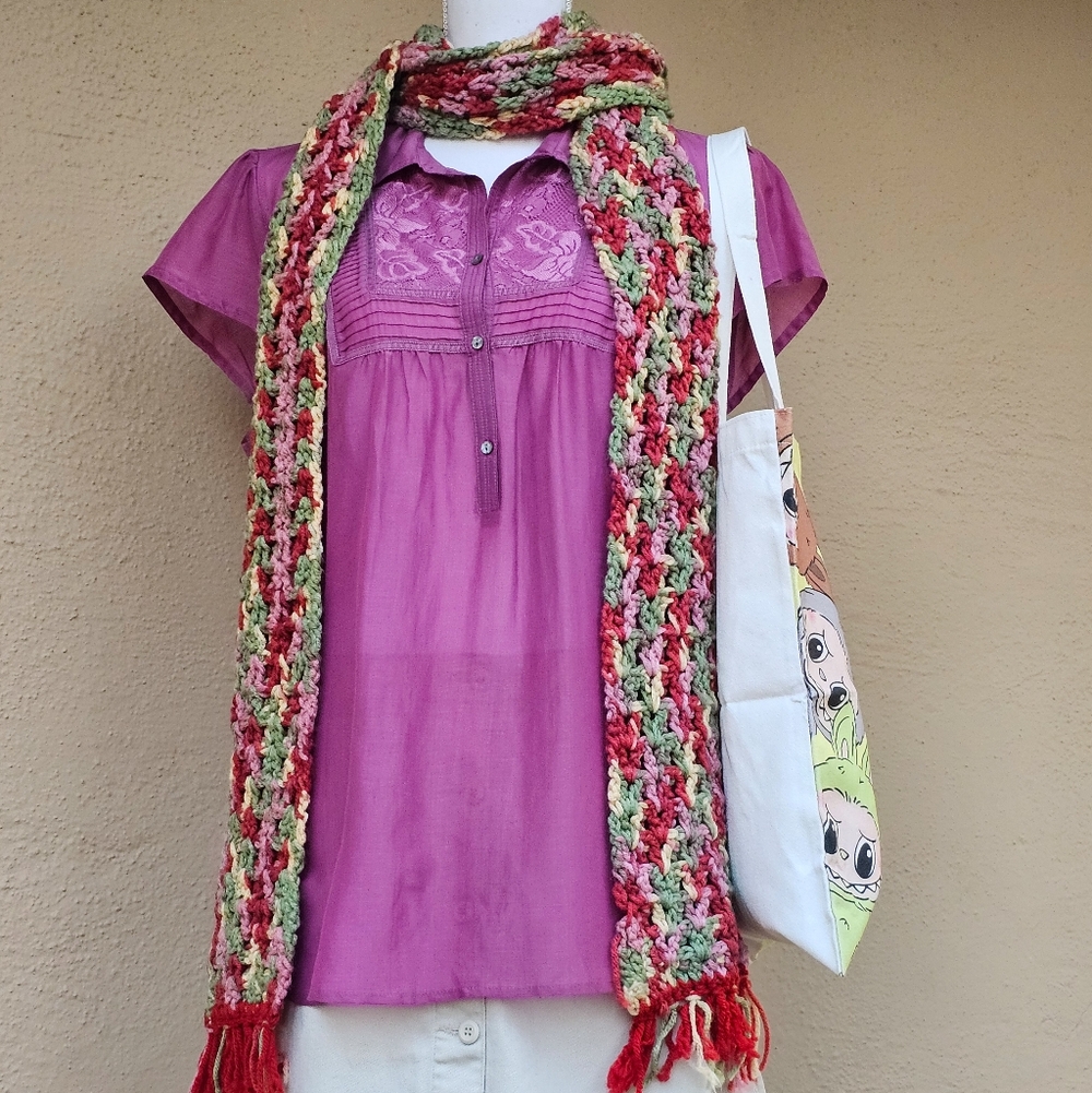 Knit Colorful Open Weave Scarf W/ A Fringe